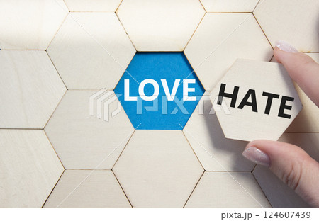 Love vs Hate symbol. Concept word Love vs Hate on wooden comb puzzle. Businessman hand. Beautiful blue background. Business and Love vs Hate concept. Copy space Love vs Hate symbol. Concept word Love vs Hate on wooden comb puzzle. Businessman hand. Beautiful blue background. Business and Love vs Hate concept. Copy space 124607439