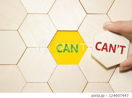 Can or Cant symbol. Concept word Can or Cant on wooden puzzle. Businessman hand. Beautiful yellow background. Business and Can or Cant concept. Copy space 124607447