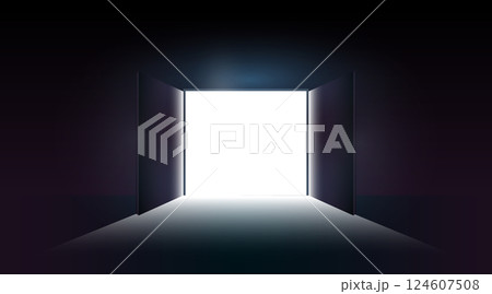 Open double door with light going through it. Dark horror room. 124607508