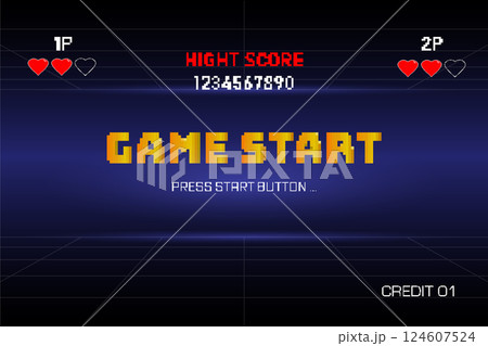 GAME START. pixel art .8 bit game. retro video game. for game assets. Retro Futurism Sci-Fi Background.  vintage arcade computer games 124607524