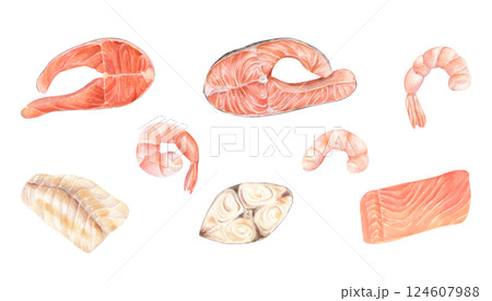 Red and white fish steaks and shrimps watercolor illustration set isolated background. Steamed or grilled salmon fish, boiled cooked tiger prawn for seafood branding, restaurant menus, healthy eating 124607988