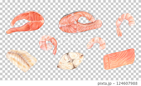 Red and white fish steaks and shrimps watercolor illustration set isolated background. Steamed or grilled salmon fish, boiled cooked tiger prawn for seafood branding, restaurant menus, healthy eating 124607988