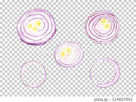 Fresh red onion rings clip art watercolor illustration isolated background. Hand painted round purple vegetable slices for food branding, healthy eating concept, culinary design. Farm to table food 124607991