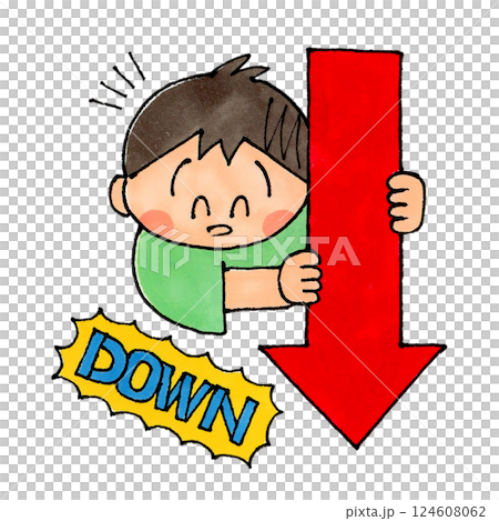 Boy holding a down arrow (DOWN) 124608062