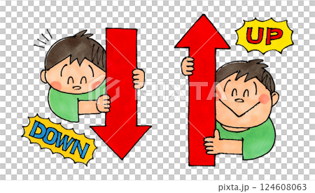 男孩舉著向上和向下箭頭（向上/向下） 124608063