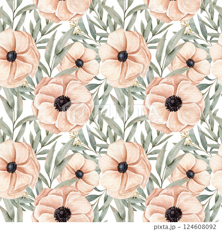 Watercolor seamless hand drawn pattern with different of peachy pink anemones in blossoming flowers and eucalyptus branches on a white background 124608092