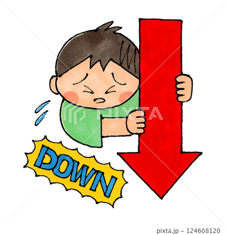 下向きの矢印を持っている男の子(DOWN) 124608120