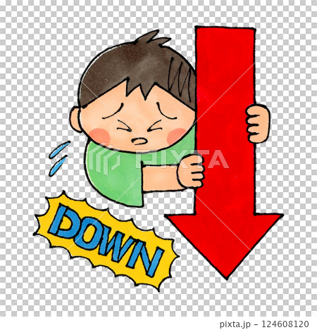 下向きの矢印を持っている男の子(DOWN) 124608120