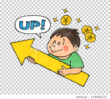 Boy holding an upward arrow (pocket money, money up) Boy holding an upward arrow (pocket money, money up) 124608121