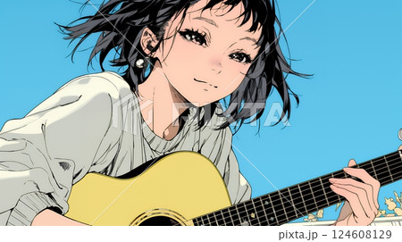 ギターを弾いている若い女性