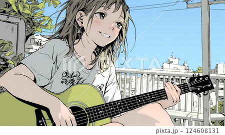 ギターを弾いている若い女性