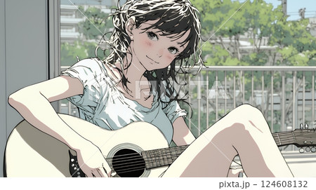 ギターを弾いている若い女性