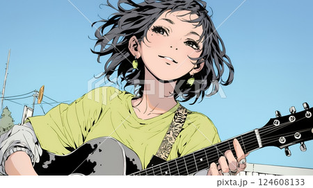 ギターを弾いている若い女性