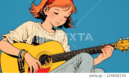 ギターを弾いている若い女性