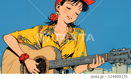 ギターを弾いている若い女性
