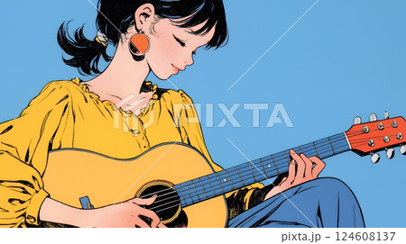 ギターを弾いている若い女性