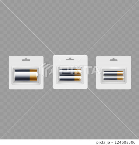 Battery Pack Packaging AA Batteries with Plastic Blister Packaging Vector 124608306
