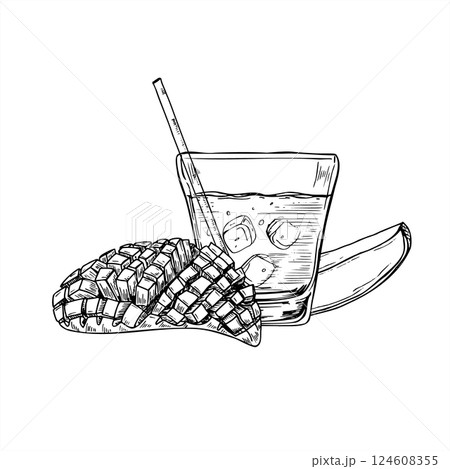 Half cut mango with cubes, slice fruit, glass of fresh mango juice line ink illustration in black and white. Tropical sweet dessert, drink with ice cubes and straw For beverage branding, summer menu Half cut mango with cubes, slice fruit, glass of fresh mango juice line ink illustration in black and white. Tropical sweet dessert, drink with ice cubes and straw For beverage branding, summer menu 124608355