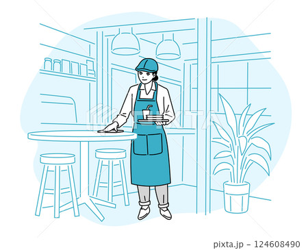 カフェ・飲食店 テーブルを拭くエプロン姿の店員の立ち姿 カフェ・飲食店 テーブルを拭くエプロン姿の店員の立ち姿 124608490