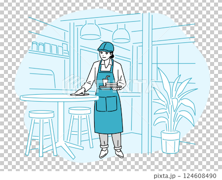 カフェ・飲食店 テーブルを拭くエプロン姿の店員の立ち姿 カフェ・飲食店 テーブルを拭くエプロン姿の店員の立ち姿 124608490