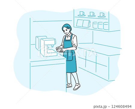 カフェ・飲食店　コーヒーを淹れるエプロン姿の店員の立ち姿 124608494