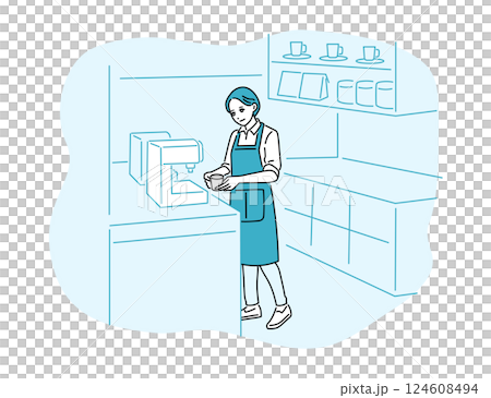 カフェ・飲食店　コーヒーを淹れるエプロン姿の店員の立ち姿 124608494