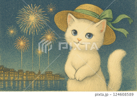 打ち上げ花火を見る猫　麦わら帽子を被ったねこ 6　Generative AI 124608589