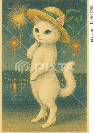 打ち上げ花火を見る猫　麦わら帽子を被ったねこ 2　Generative AI 124608590