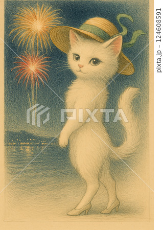 打ち上げ花火としろねこお嬢さん　夏の風物詩絵　麦わら帽子を被った猫 3　Generative AI 124608591