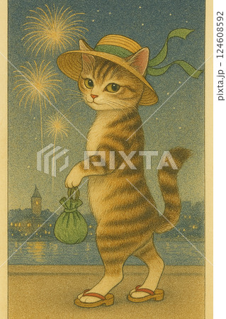 トラ猫　打ち上げ花火を見る猫　麦わら帽子を被ったねこ 4 Generative  124608592