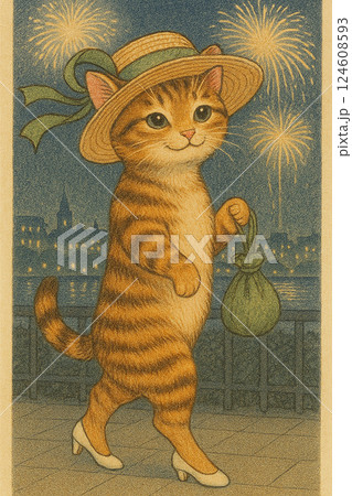 トラ猫　夜のお散歩　好きなもの、麦わら帽子、ポシェット、パンプス　夏の風物詩 5 AI生成 124608593