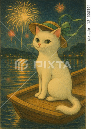 白猫　夜空に咲く花火と海　麦わら帽子を被った猫 8　Generative AI 124608594
