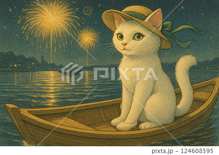 ボートに乗る白猫　夏の夜の風物詩絵　花火　麦わら帽子を被った猫 7　Generative AI 124608595