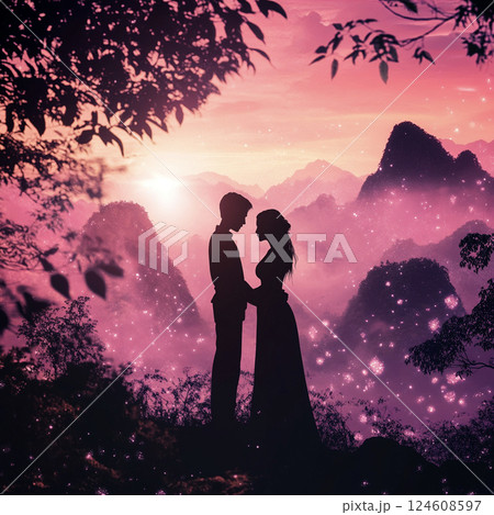 夕暮れのシルエットの恋人たち　AI画像 124608597