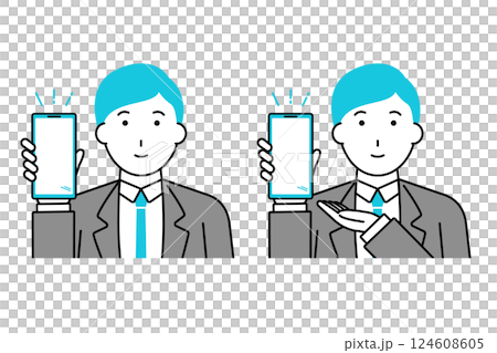 スマホの画面を見せるビジネスマンのイラスト スマホの画面を見せるビジネスマンのイラスト 124608605