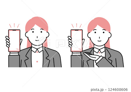 スマホの画面を見せるビジネスウーマンのイラスト 124608606