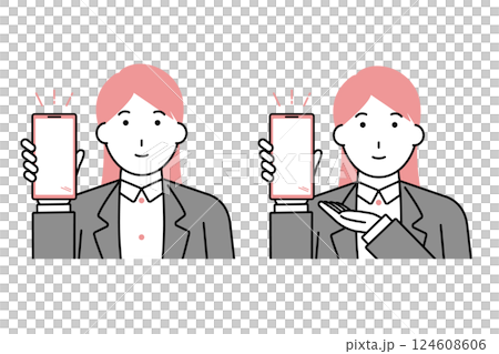 Illustration of a businesswoman showing a smartphone screen 124608606