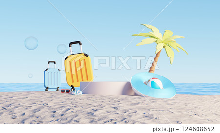3D render, Empty podium on summer beach vacation background with palm tree and travel luggage 124608652