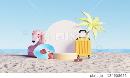 3D render, Summer background with display podium on tropical beach scene with inflatable flamingo and travel suitcase. 124608653