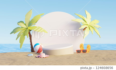 3D render, Tropical summer beach scene with empty podium, flip flops, sunglasses and palm trees 124608656