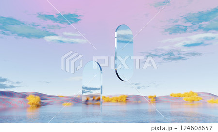 3D render, Surreal landscape with floating mirrors over colorful hills and water 3D render, Surreal landscape with floating mirrors over colorful hills and water 124608657