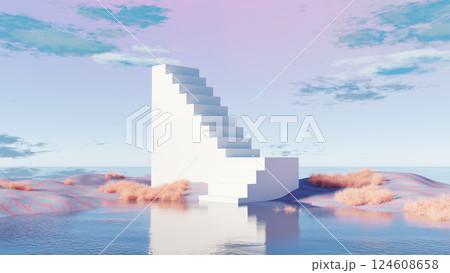 3D render, Surreal landscape with minimal staircase rising over pastel desert and reflective water 3D render, Surreal landscape with minimal staircase rising over pastel desert and reflective water 124608658