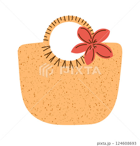 Flat cartoon illustration of stylish woven beach bag decorated with tropical flower. Vector doodle icon for summer vacations, tropical getaways, beach trips, and womens travel accessories Flat cartoon illustration of stylish woven beach bag decorated with tropical flower. Vector doodle icon for summer vacations, tropical getaways, beach trips, and womens travel accessories 124608693