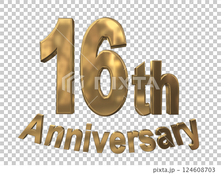 3DCG文字「16th Anniversary/16周年マークキラキラ」ゴールド,金 124608703