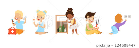 Kid Character in Dangerous Situation as Warning and Safety Attention Vector Set Kid Character in Dangerous Situation as Warning and Safety Attention Vector Set 124609447