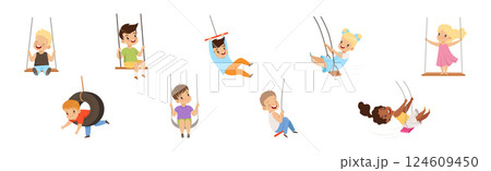 Happy Boy and Girl Character Swinging Have Fun Vector Set 124609450
