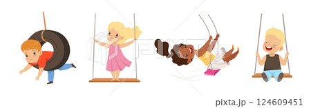 Happy Boy and Girl Character Swinging Have Fun Vector Set 124609451