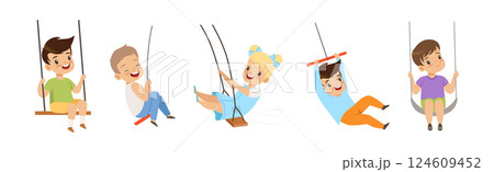 Happy Boy and Girl Character Swinging Have Fun Vector Set 124609452