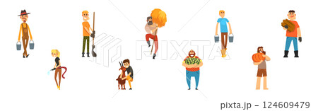 Funny Man and Woman Farmer Character Enjoy Horticulture and Agriculture Vector Set Funny Man and Woman Farmer Character Enjoy Horticulture and Agriculture Vector Set 124609479
