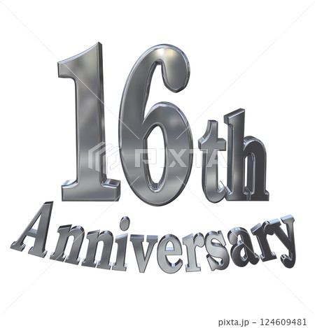 3DCG文字「16th Anniversary/16周年マークキラキラ」シルバー,銀 124609481